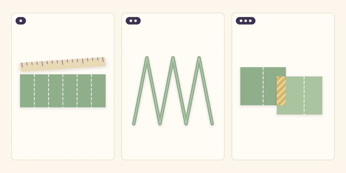 Three steps of an accordion album: a strip with fold lines, the zigzag fold from the side and two strips joined with a tab