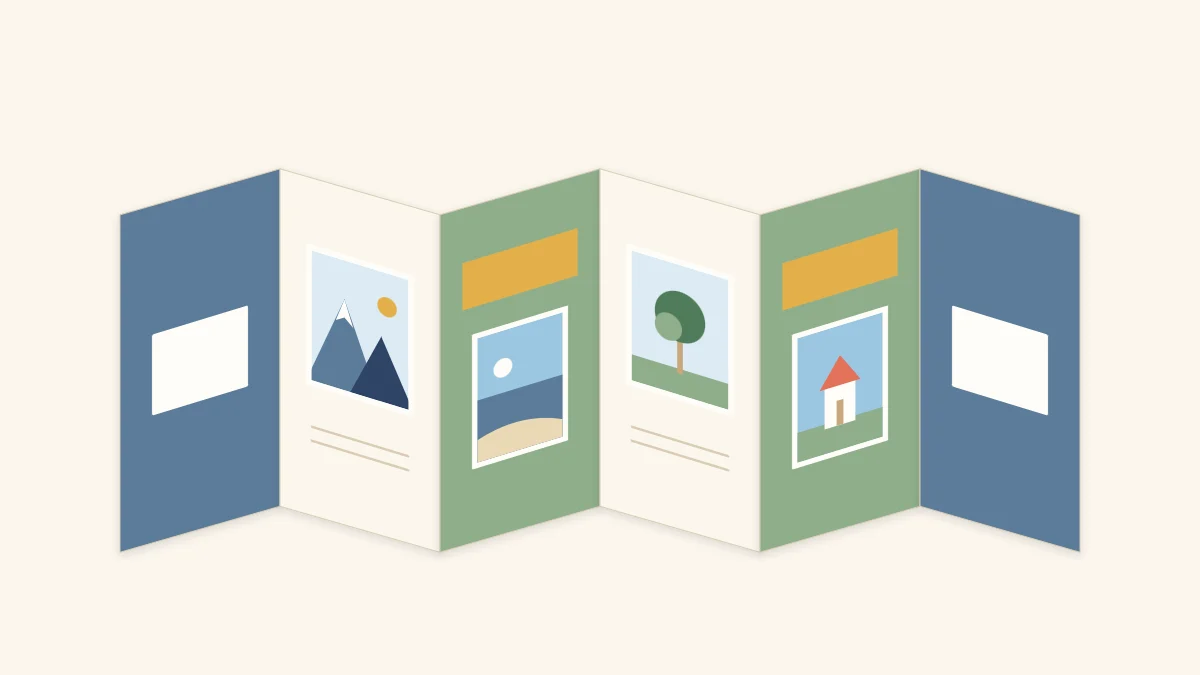 An accordion mini album opened in a zigzag with six panels of small photos and paper strips