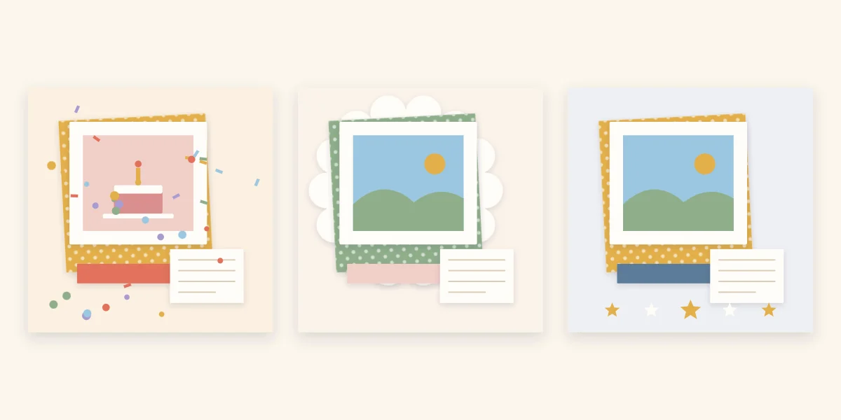 Three celebration page styles: bright with confetti, soft with a doily, and denim with stars