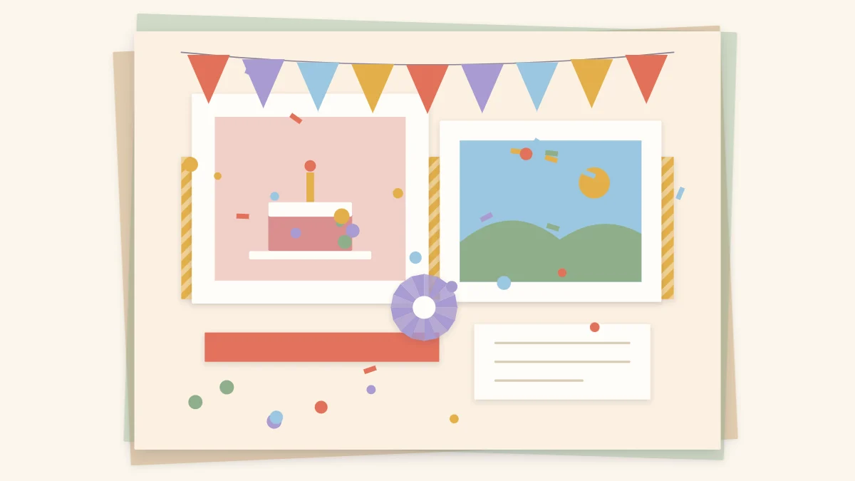 A celebration scrapbook page with two photos, a pennant banner, confetti dots and a paper rosette