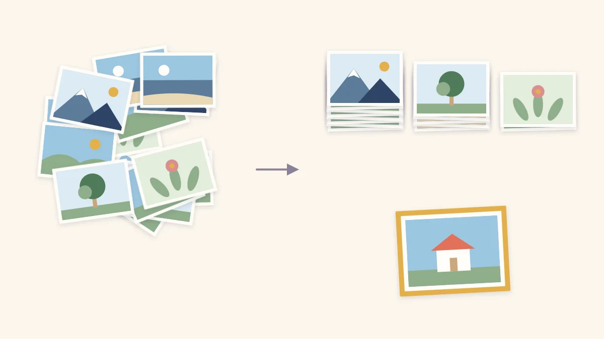 A loose pile of photos sorted into three neat piles, with one photo set apart at the front