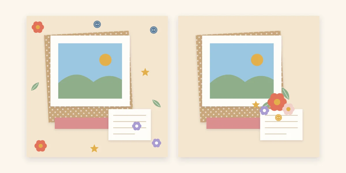 Scattered embellishments on one page compared with the same pieces gathered into a single cluster