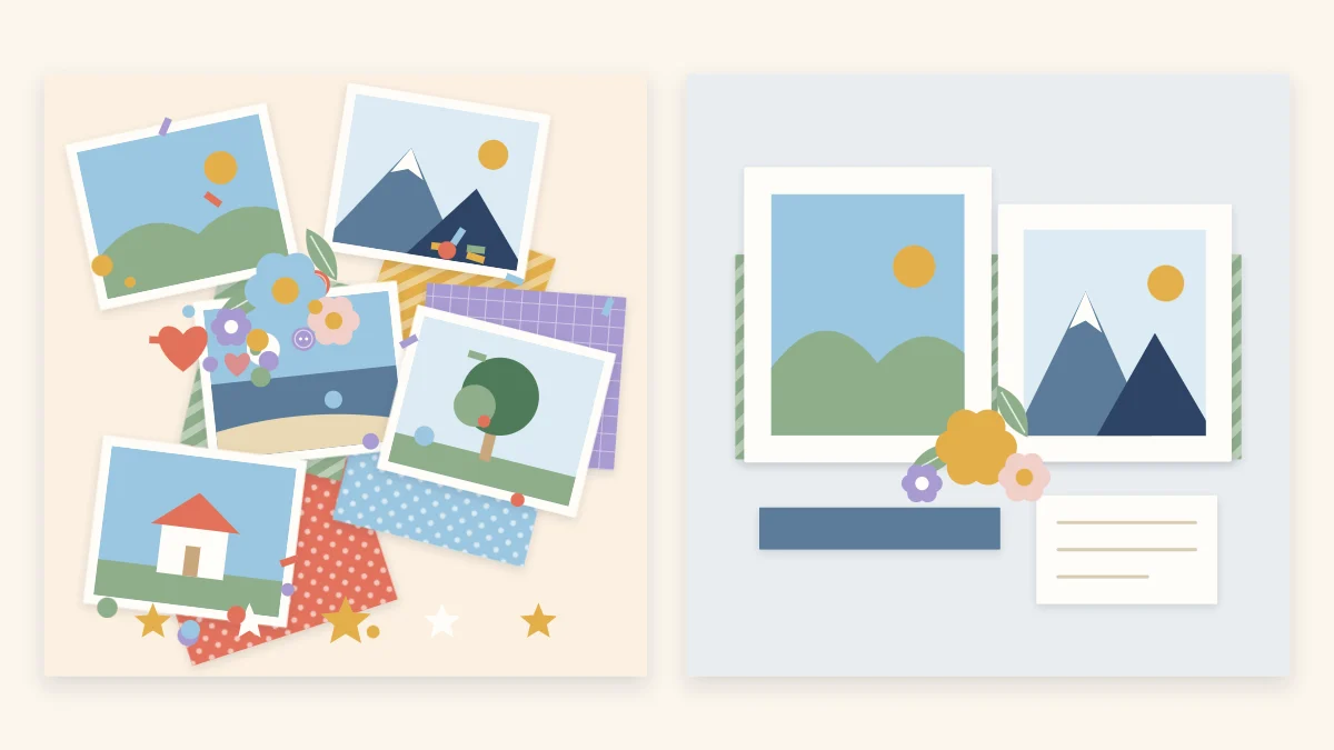 A cluttered scrapbook page beside a calmer version with aligned photos and open space