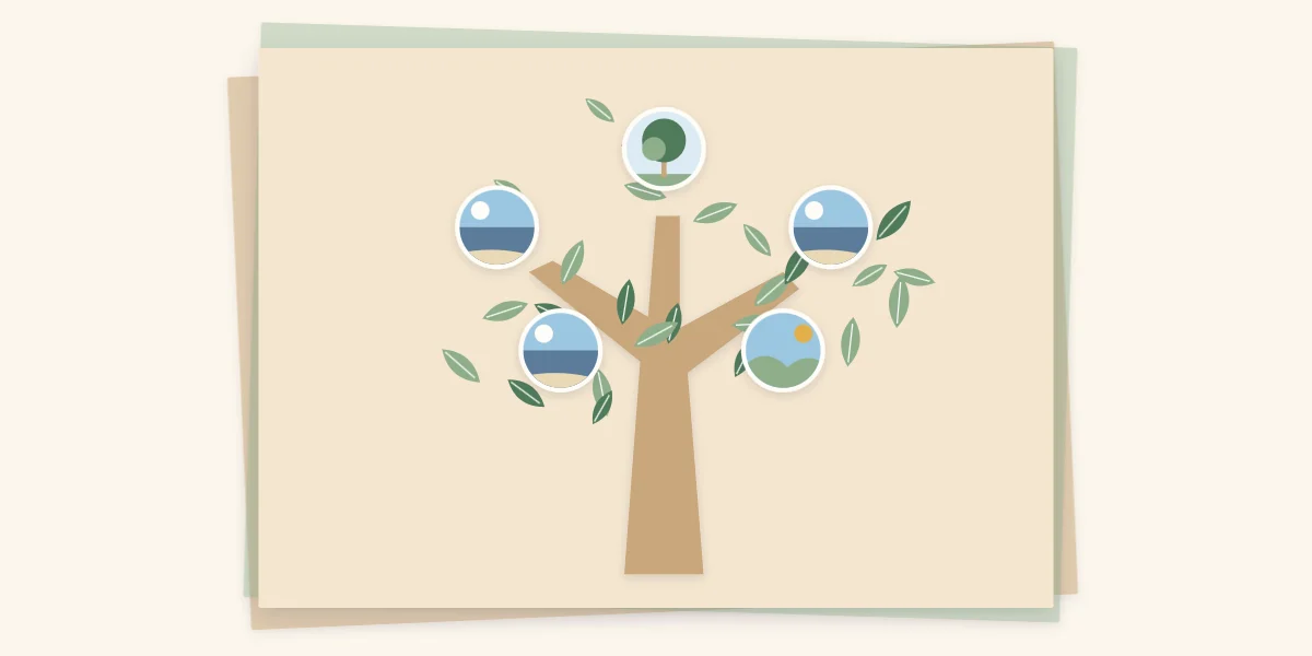 A paper family tree on a scrapbook page with five small round photo placeholders among the leaves