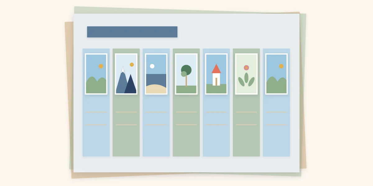 A scrapbook page with seven narrow columns, each with a small photo and space for a note