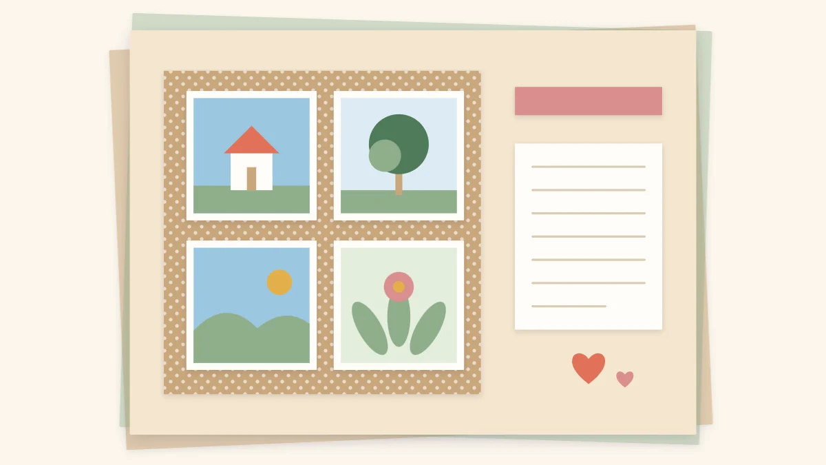 A family-style scrapbook page with four photo placeholders, a lined journaling card and a paper heart
