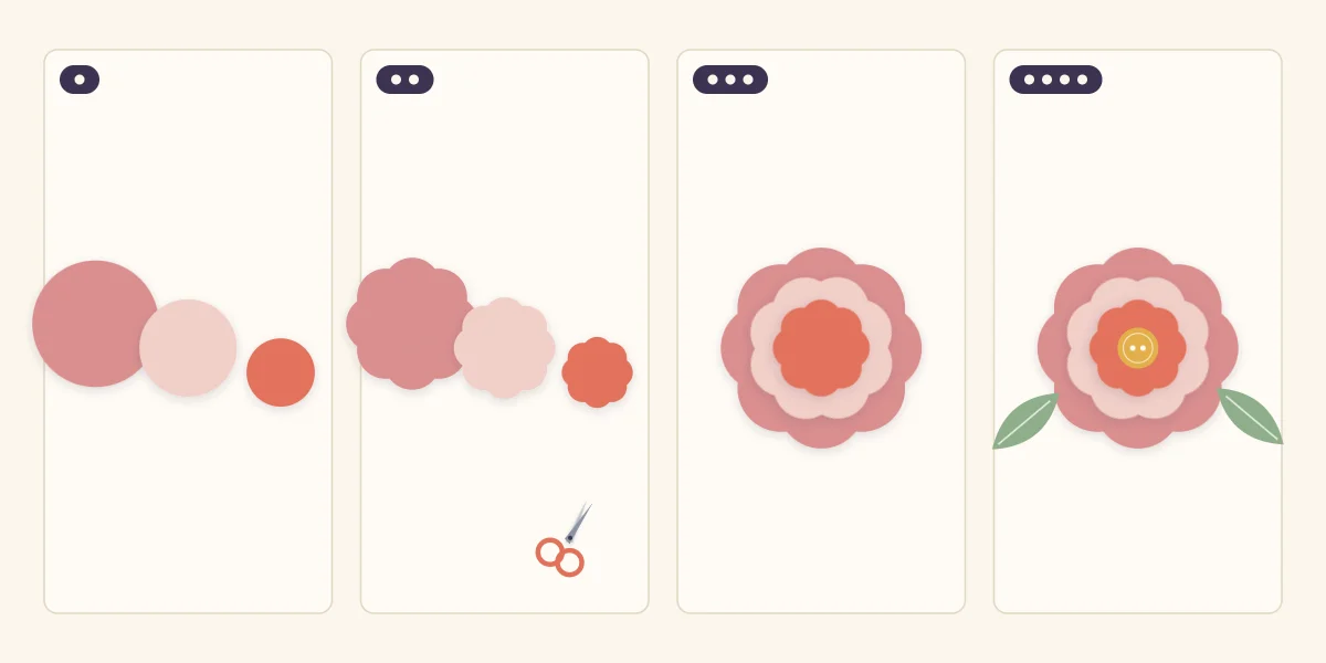 Four steps of a layered paper flower: three circles, notched edges, stacked layers and the finished flower