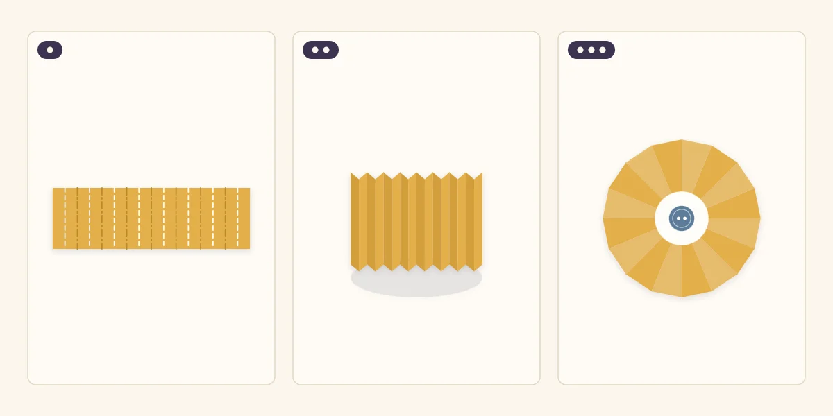 Three steps of a paper rosette: an accordion-folded strip, the strip joined in a ring and the flattened rosette