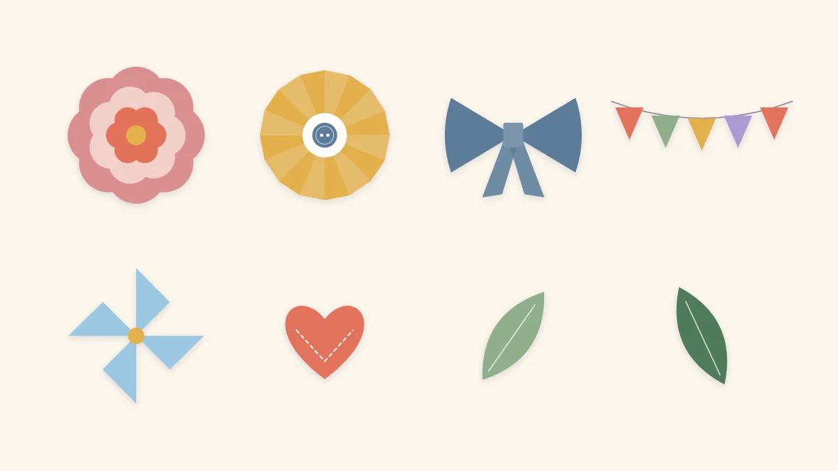 Handmade paper embellishments: a layered flower, a rosette, a bow, a pennant banner, a pinwheel, a heart and leaves
