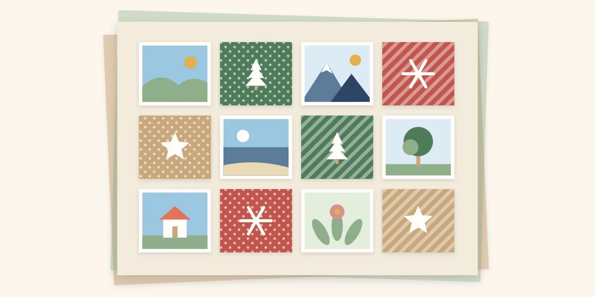 A holiday page with twelve small squares alternating photos, patterned paper and paper stars and trees