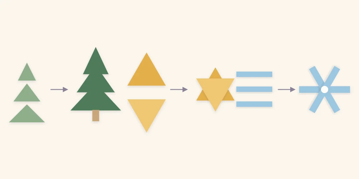 Simple paper holiday shapes: a tree from triangles, a star from two triangles and a snowflake from crossed strips