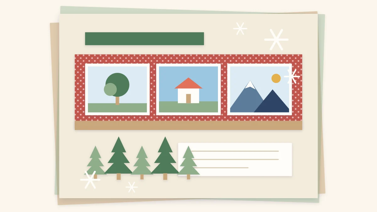 A winter holiday scrapbook page with three photos, a row of paper trees, snowflakes and a striped strip