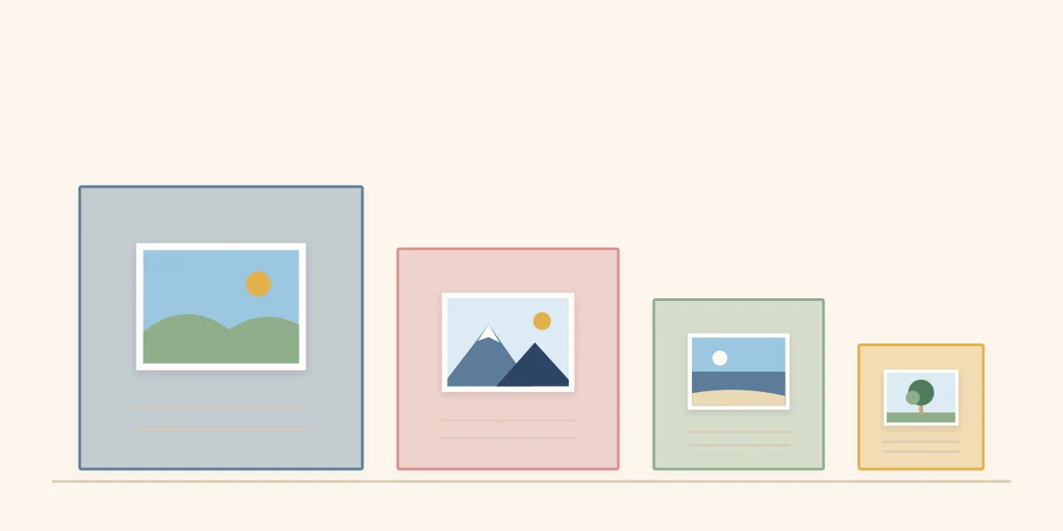 Four scrapbook page sizes drawn to scale from large square to small square