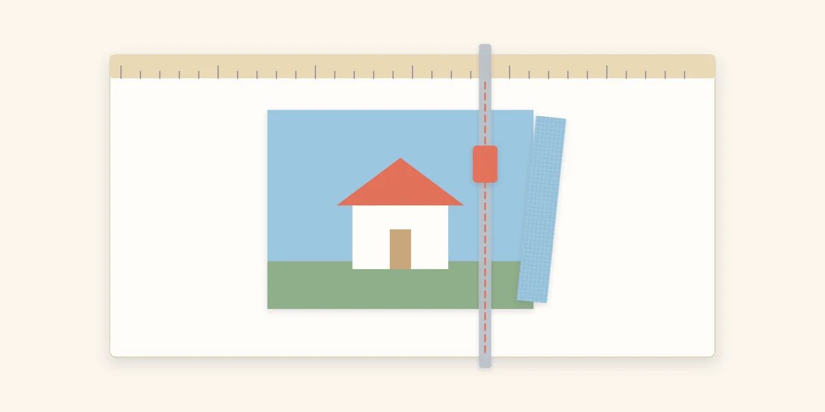 A photo placed under the arm of a paper trimmer with a dashed cut line and an offcut strip beside it