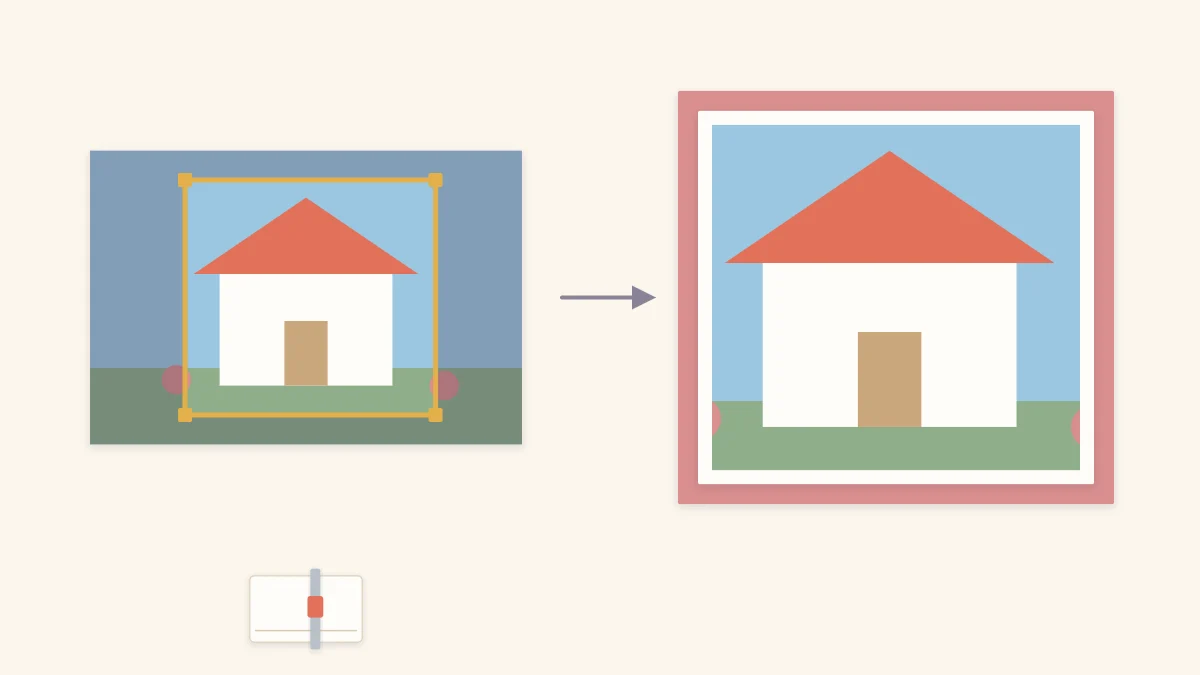 A photo with a crop frame marked on it beside the cropped photo mounted on two paper mats, with a trimmer below