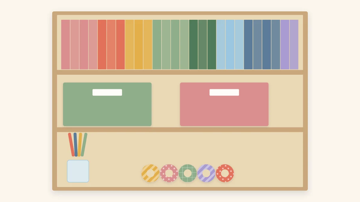 A small shelf with cardstock sorted by color, storage bins, a jar of pens and rolls of washi tape