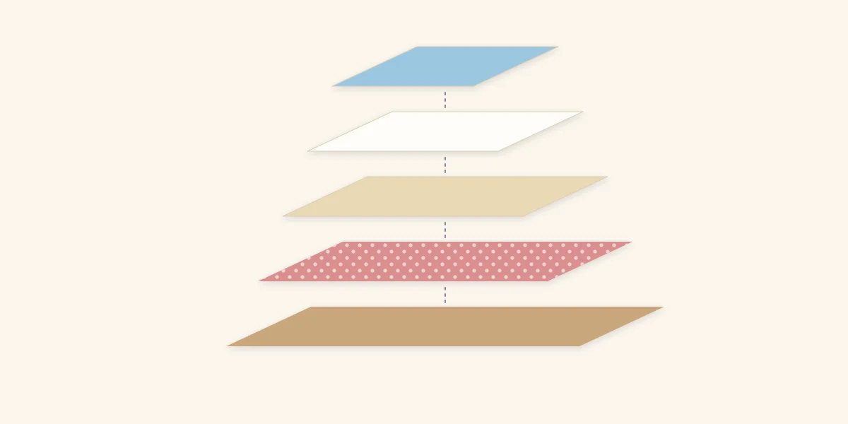 Exploded view of five paper layers from the wide base to the photo on top