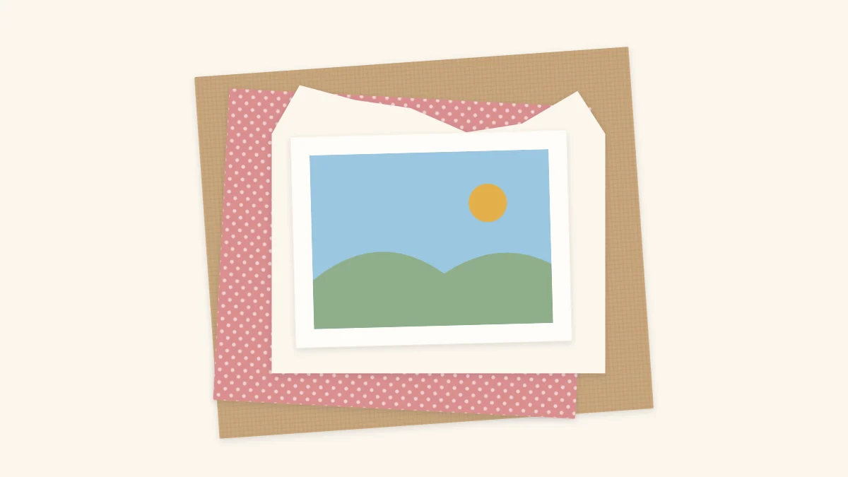 Five paper layers stacked under a photo, each slightly smaller and offset, with soft shadows between them