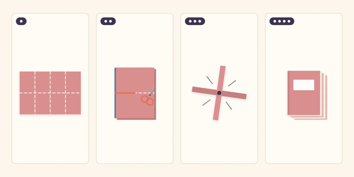 Four steps of a one-sheet mini album: fold lines in eight sections, the center cut, the plus shape and the finished booklet