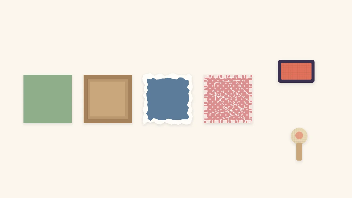 Four paper squares with clean, inked, torn and sanded edges next to an ink pad and a dauber