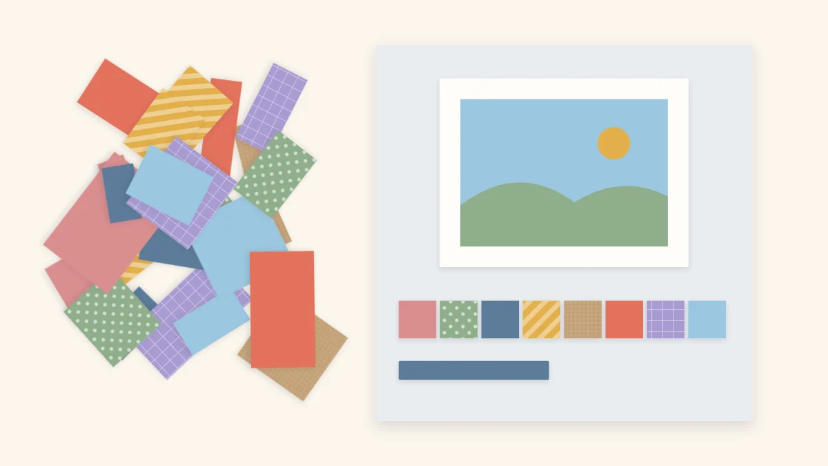 A pile of colorful paper offcuts beside a scrapbook page with a patchwork strip made from scraps