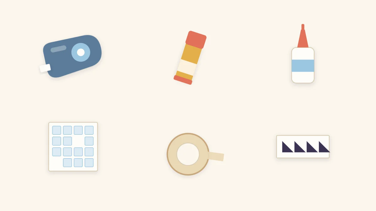 Scrapbook adhesives laid out: tape runner, glue stick, liquid glue, foam squares, double-sided tape and photo corners
