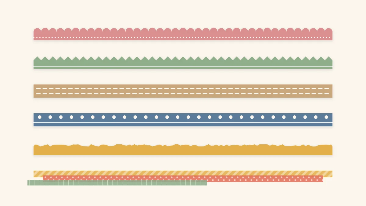 Six handmade border strips: scalloped, zigzag, stitched, punched, torn-edge and layered washi tape