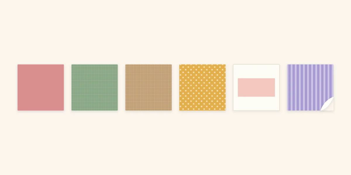 Six paper types side by side: smooth cardstock, textured cardstock, kraft, patterned, vellum and thin paper