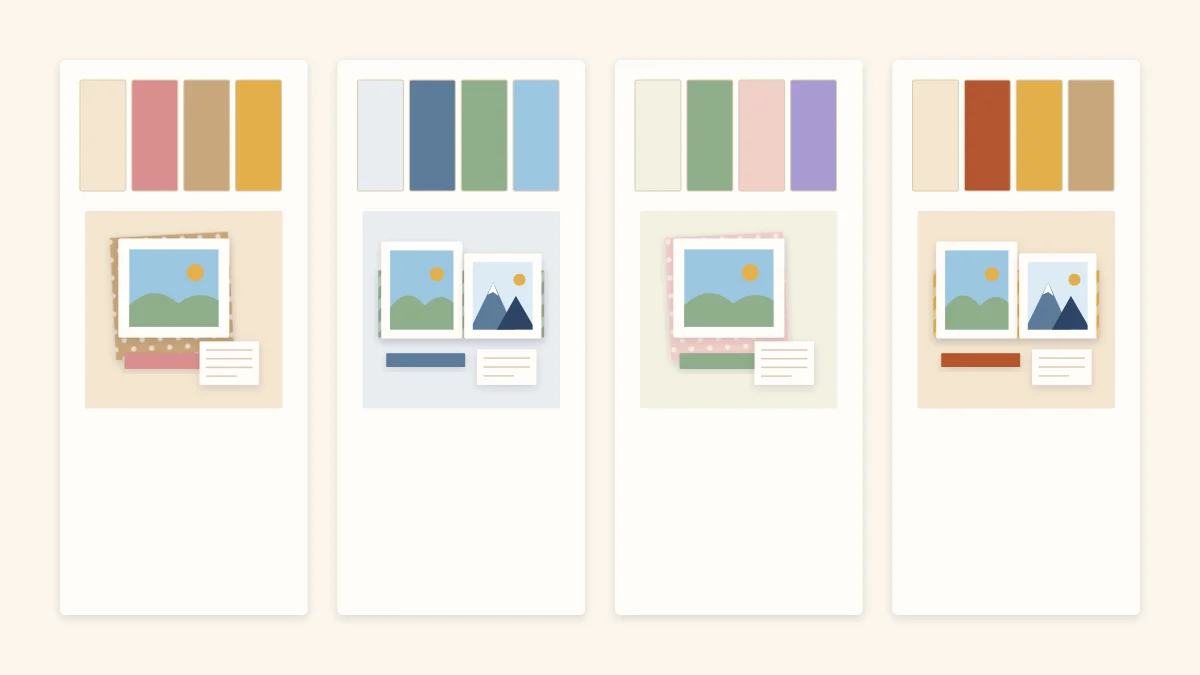 Four color palette cards, each with paper chips above a miniature scrapbook page in the same colors