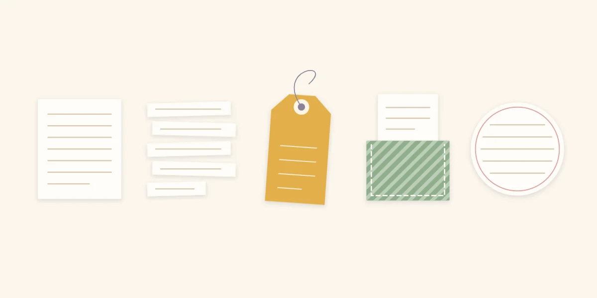Five blank journaling areas: lined block, strips, tag, pocket card and circle