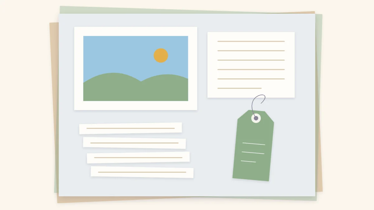 A scrapbook page with a photo and three journaling areas: a lined block, narrow strips and a lined tag