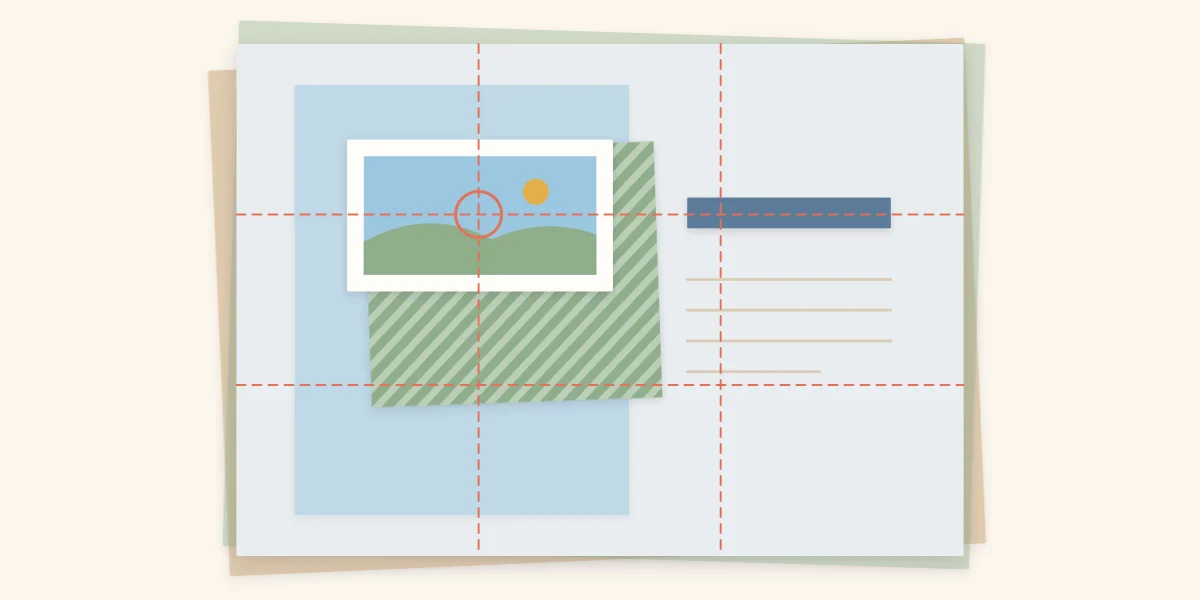 A scrapbook page divided into thirds by guide lines with the main photo on one intersection