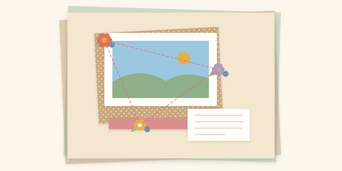 Three embellishment clusters forming a triangle around a photo, joined by thin guide lines