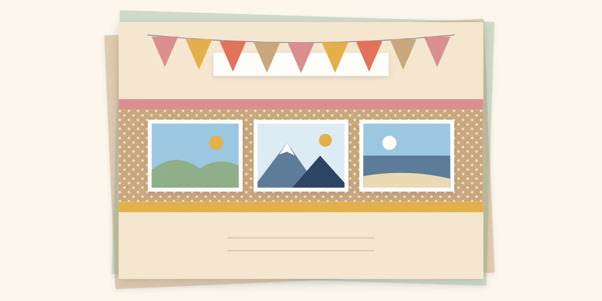 A scrapbook page with three photos on a wide horizontal paper band and a blank title strip