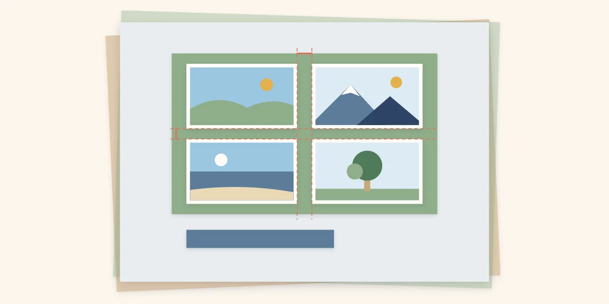 Four equal photos in a grid with guide lines showing even gaps between them