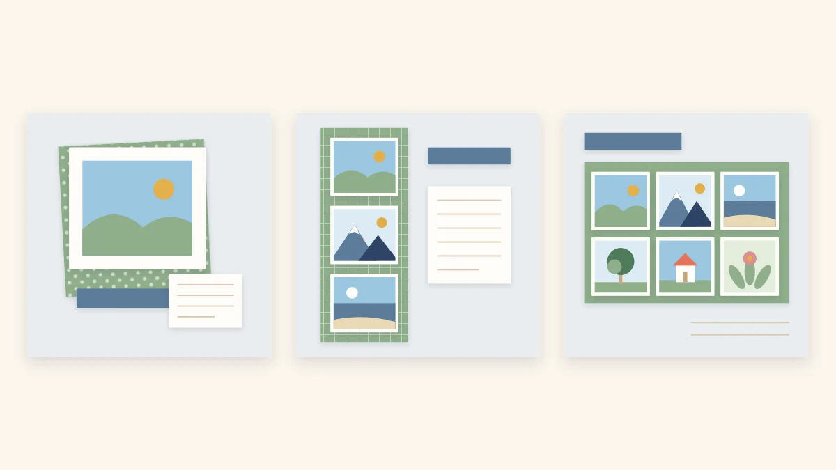 Three scrapbook pages showing layouts for one photo, three photos and six photos
