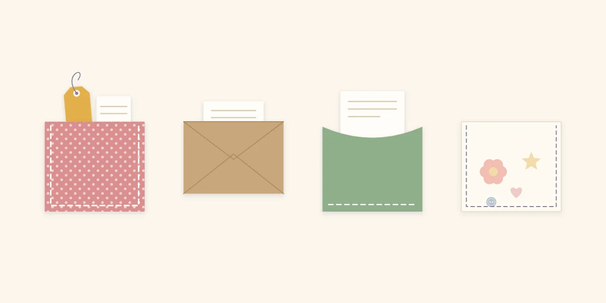 Four scrapbook pocket types: flat three-sided pocket, envelope, library pocket and vellum pocket