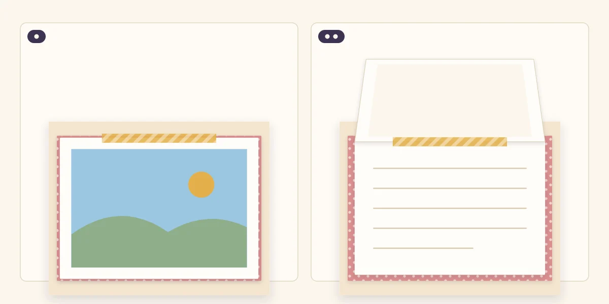 A photo hinged at the top edge, shown closed and then lifted to reveal journaling lines underneath