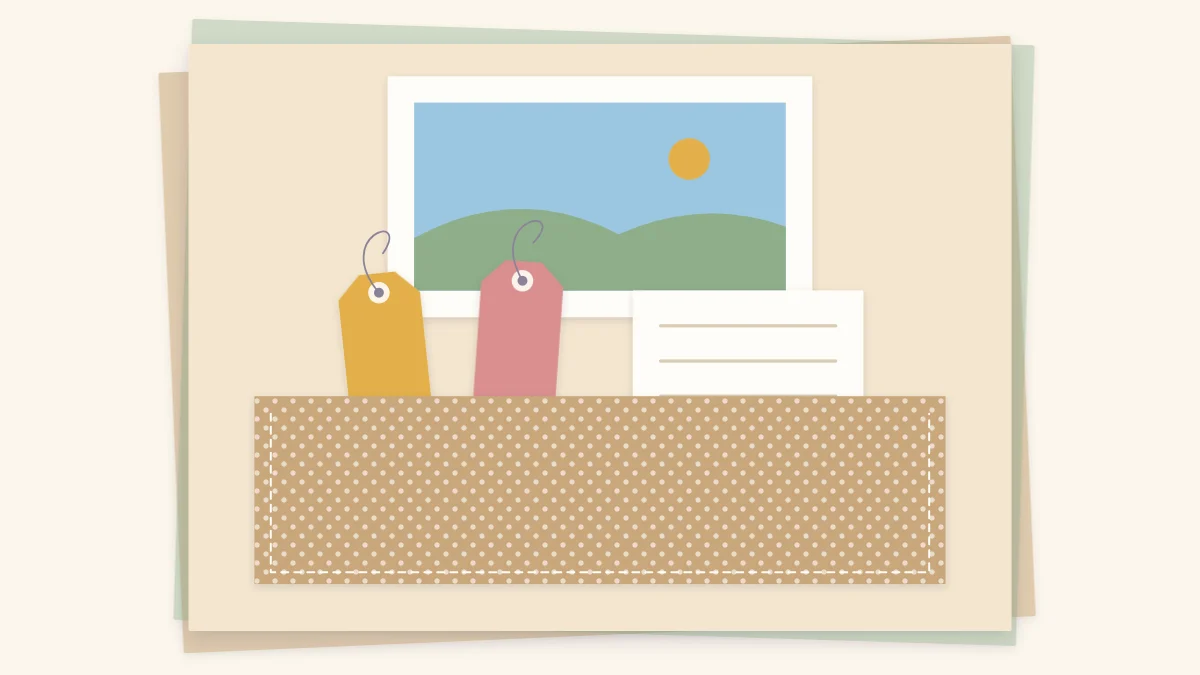 A scrapbook page with a flat paper pocket holding two tags and a journaling card, and a photo above