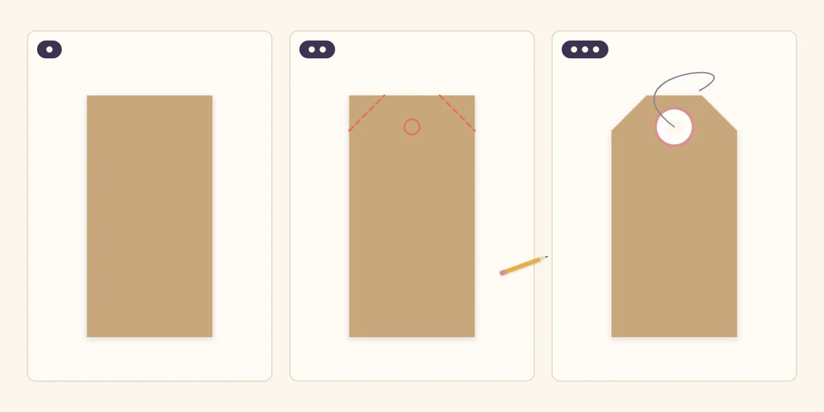 Three steps of cutting a tag: a rectangle, the corners marked with dashed lines and the finished tag with a hole