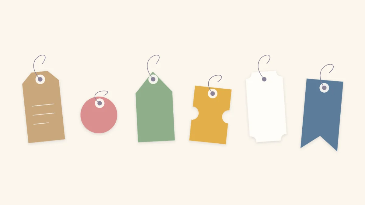 Six paper tag shapes with twine: classic, round, arrow, ticket, bookplate and flag