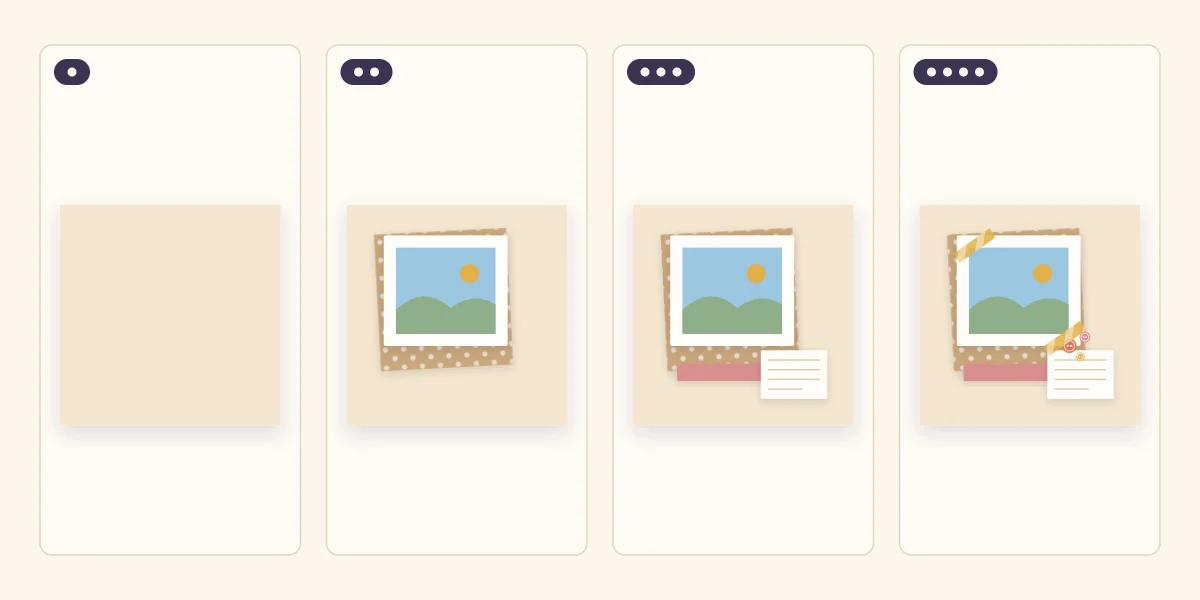 Four stages of a scrapbook page: blank cardstock, photo added, title and journaling added, embellishments added
