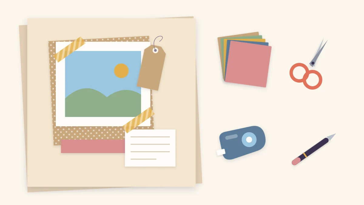 A simple scrapbook page with one photo placeholder next to cardstock, scissors, a tape runner and a pen