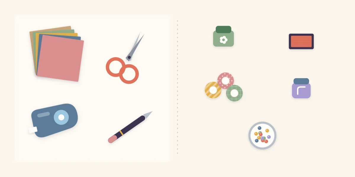 Essential scrapbooking supplies on the left and optional extras such as punches, ink and washi tape on the right