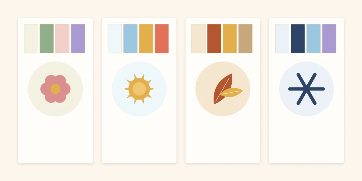 Four seasonal color palettes shown as paper chips with a flower, sun, leaf and snowflake