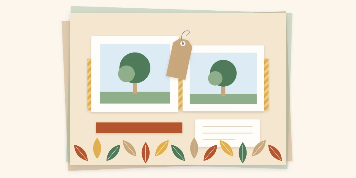 A fall scrapbook page with two tree photos, a border of overlapping paper leaves and a kraft tag