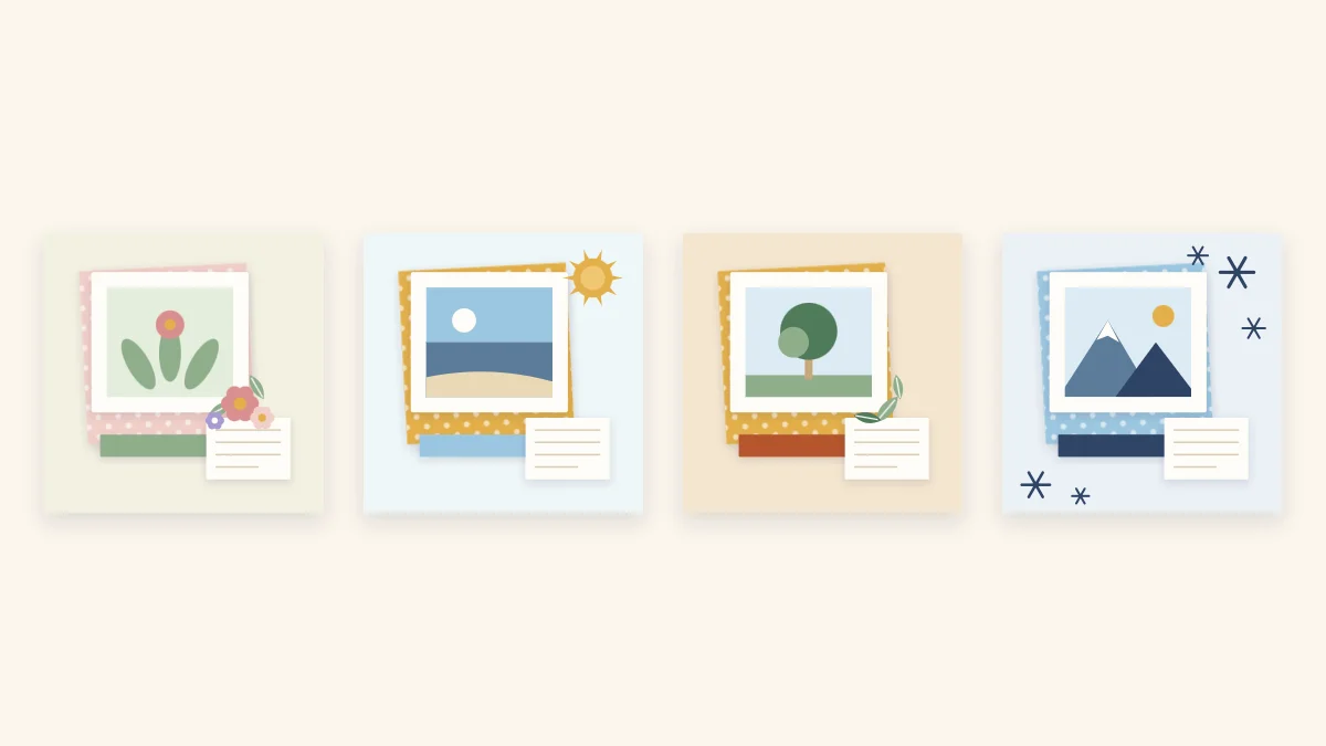 Four seasonal scrapbook pages: spring with flowers, summer with a sun, fall with leaves and winter with snowflakes