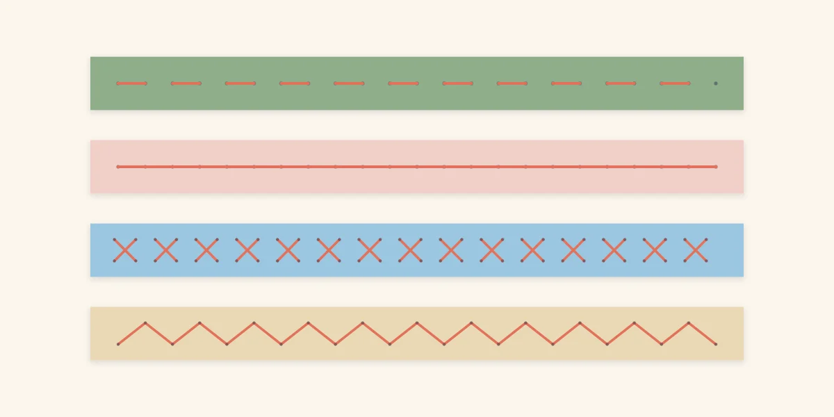 Four stitches on paper strips: running stitch, backstitch, cross stitch and zigzag