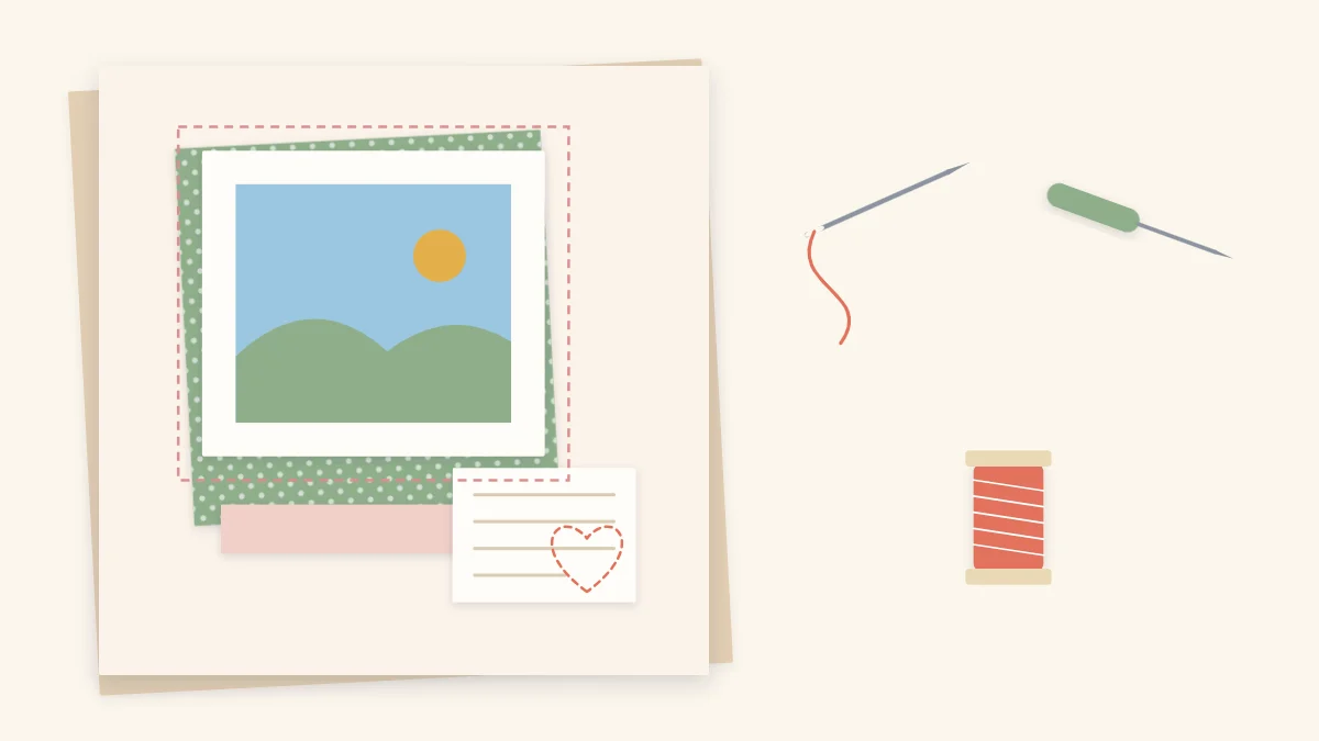 A scrapbook page with a stitched border around a photo and a stitched heart, beside a needle with thread