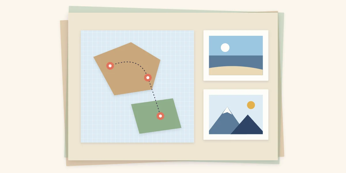 A scrapbook page with a simple paper map, a dotted route between three markers and two small photos